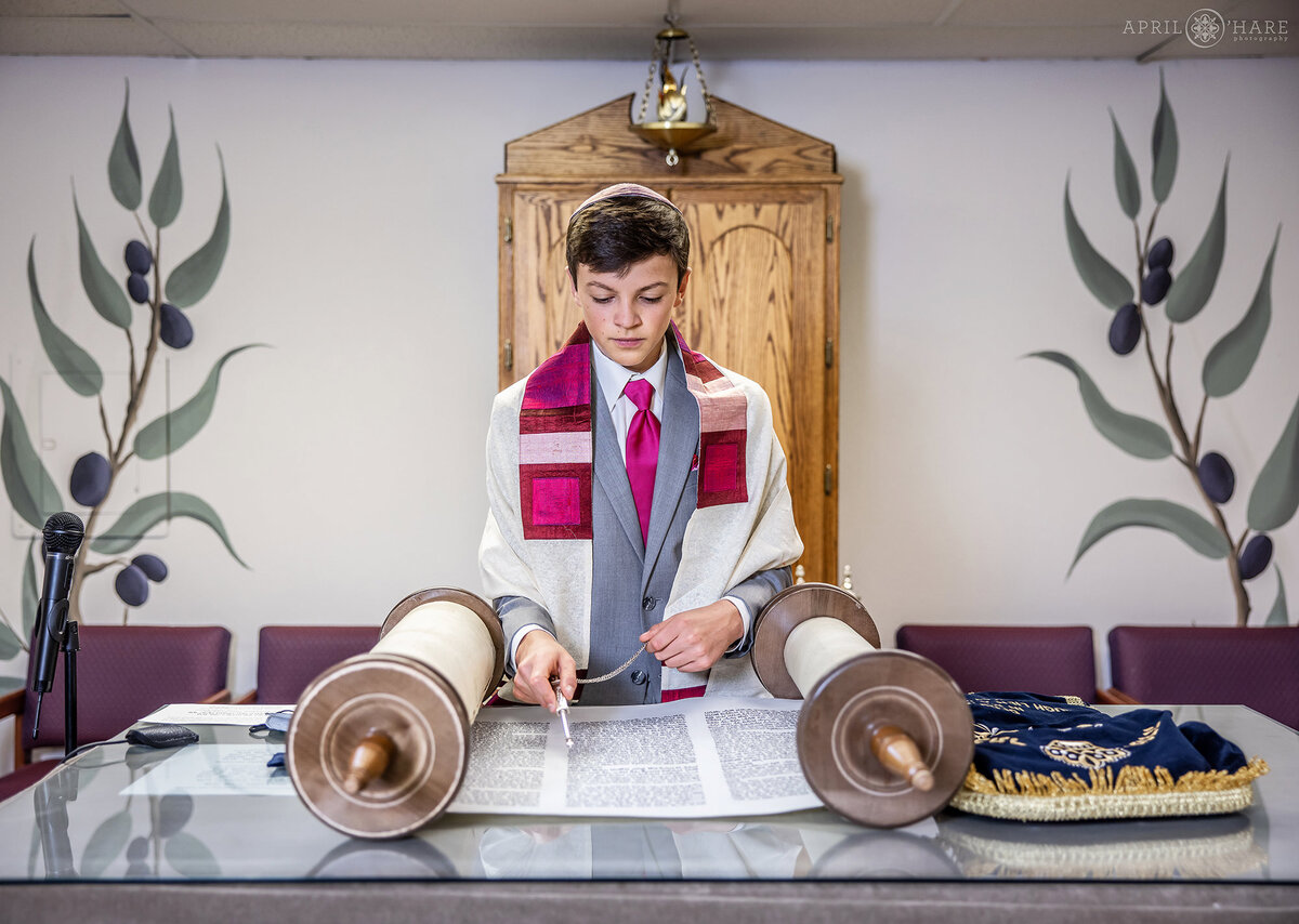 Young Man Reading from the Torah at his Denver Bar Mitzvah