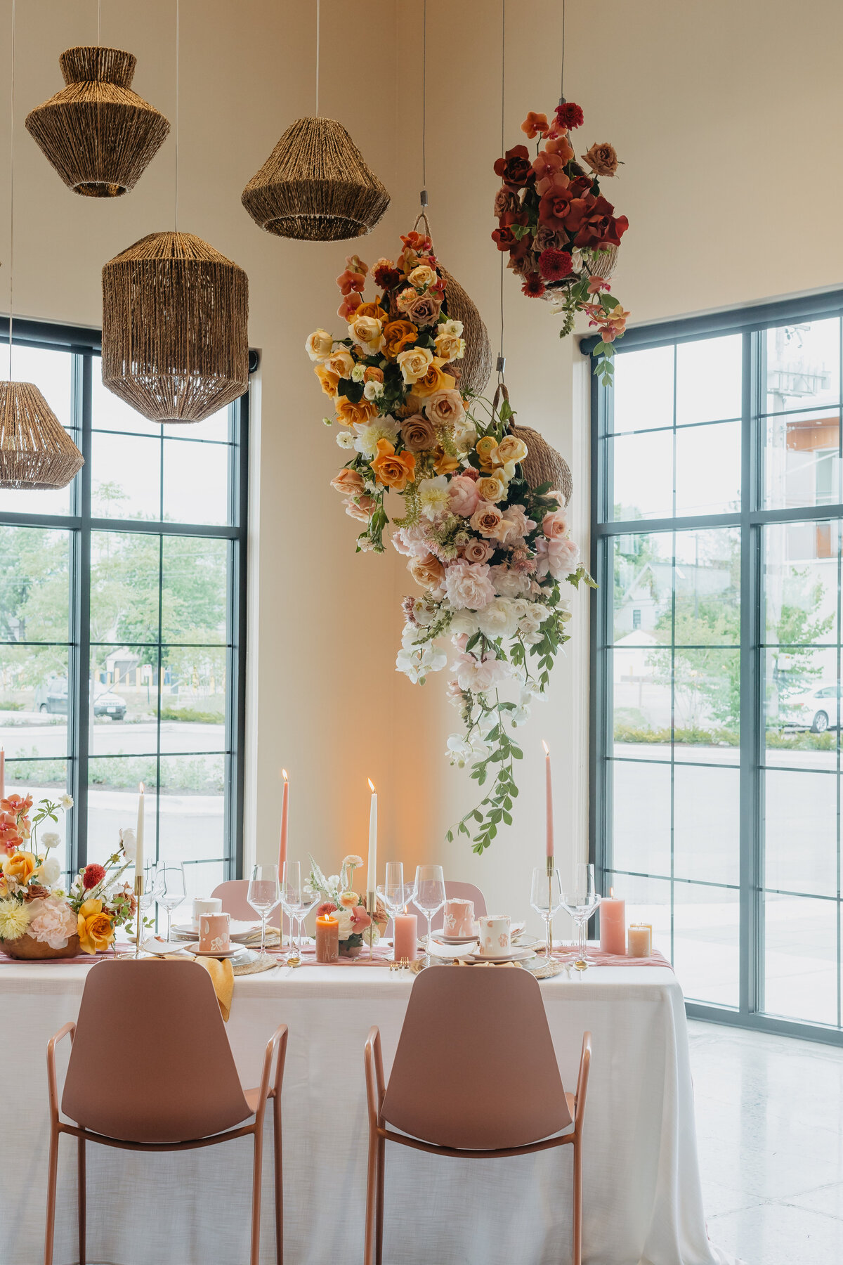 hanging basket floral, studio fleurette, quincy hall wedding ceremony