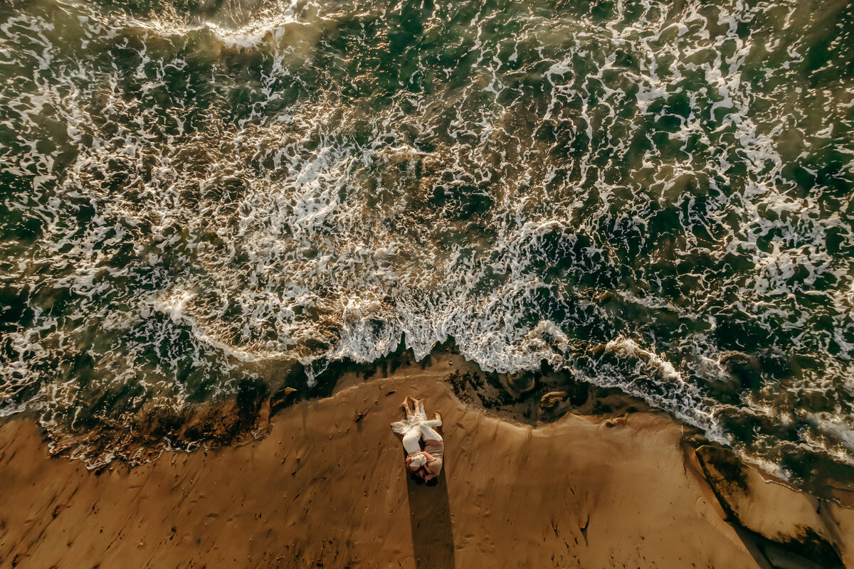 birds eye view from beach elopement wedding photography session
