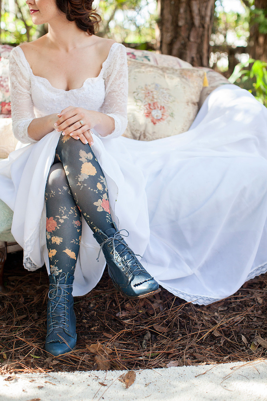floral tights on a bride