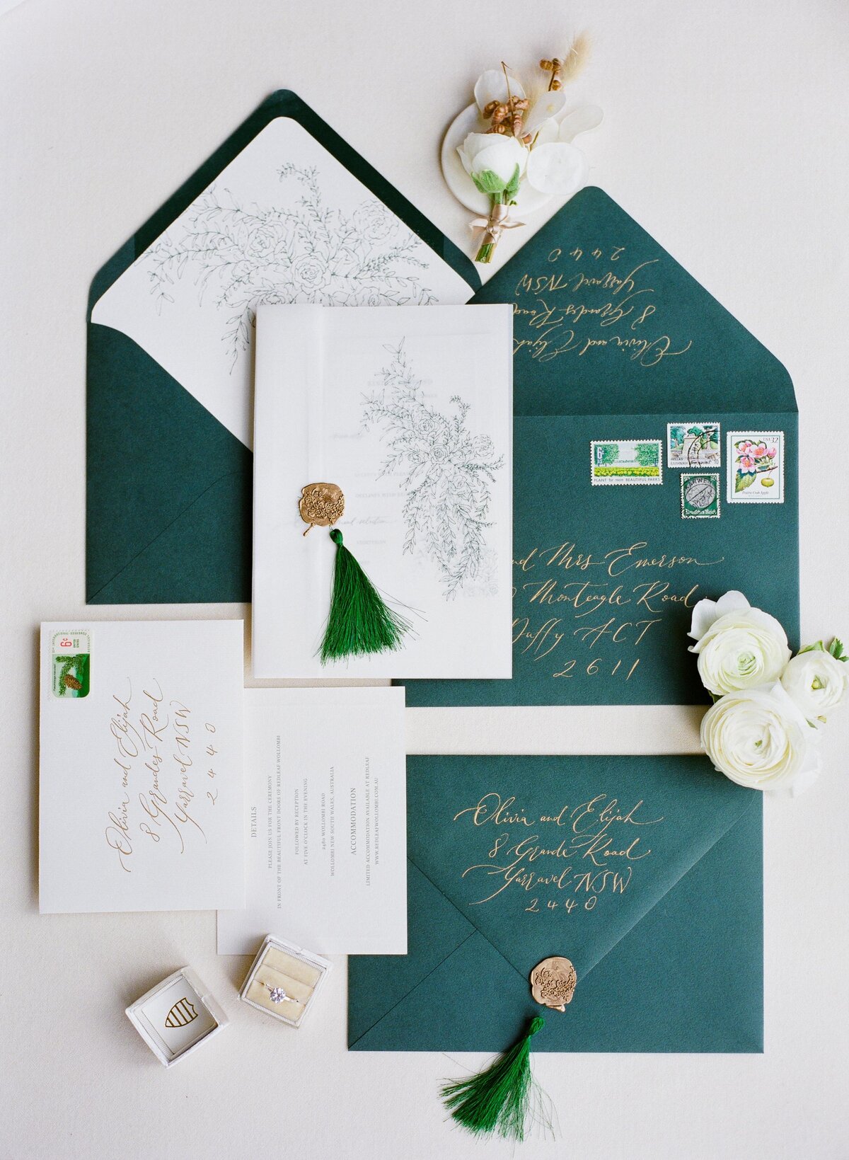 green + white wedding stationery
