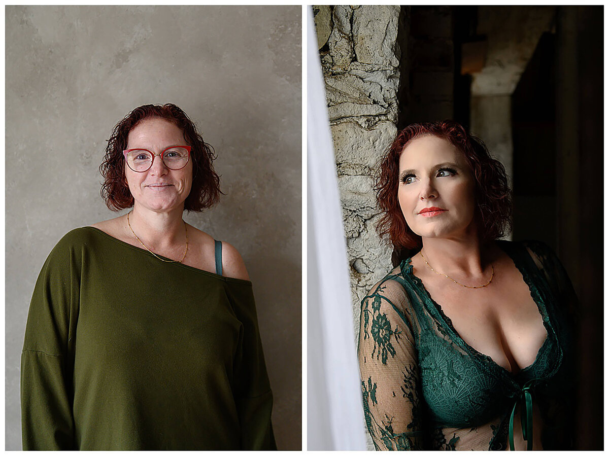 Woman with Red hair wearing green in a before and after boudoir photo
