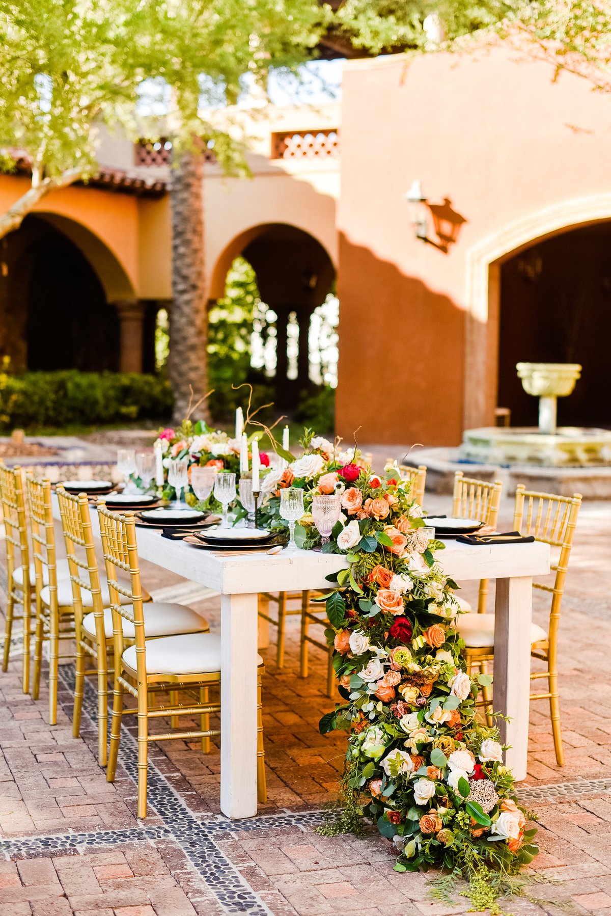 Table setup decor flowers floral garland at Blackstone Peoria Wedding
