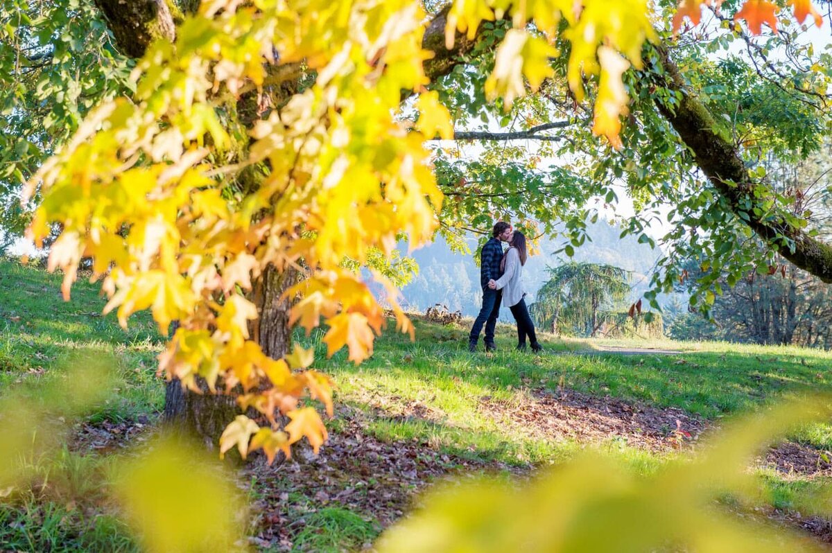 a man and woman kiss in the distance with autumn leaves in the foreground