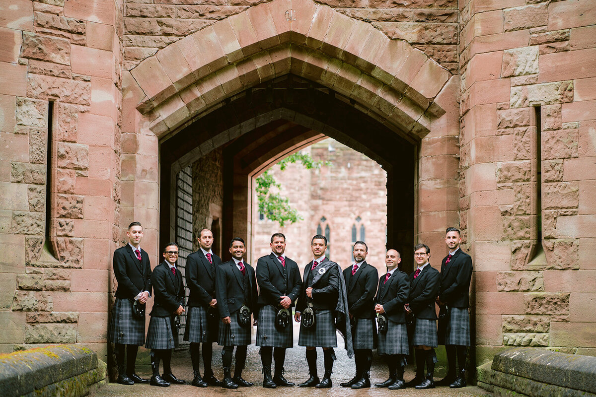 groomsmen with kilts at peckforton castle wedding in cheshire