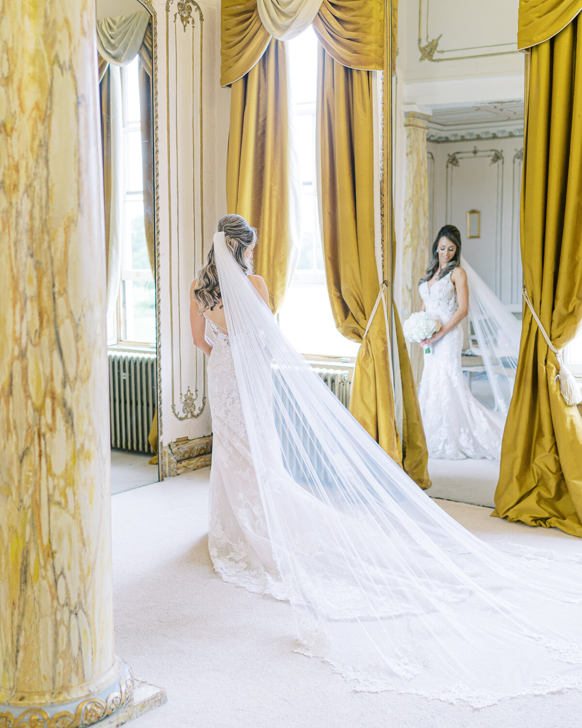 Bridal portrait in stunning bridal suite at Gosfield Hall