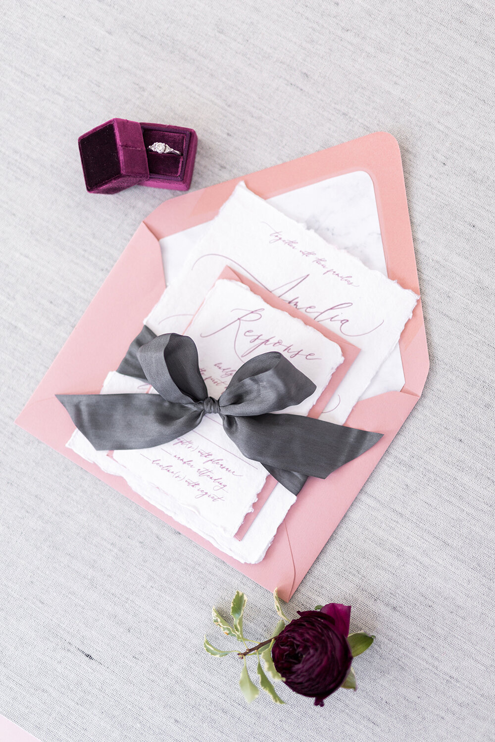 moody valentine wedding invitation mauve and marble wax seal menu deckled torn edge 15