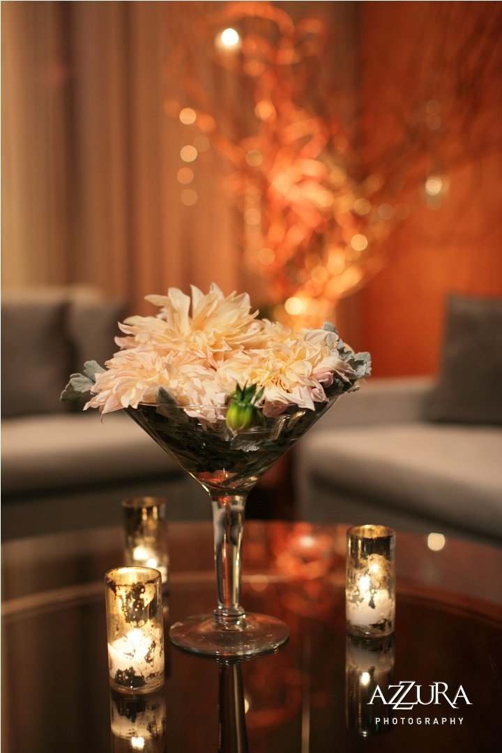 large cafe au lait dahlia in tall martini glass vase for anniversary party