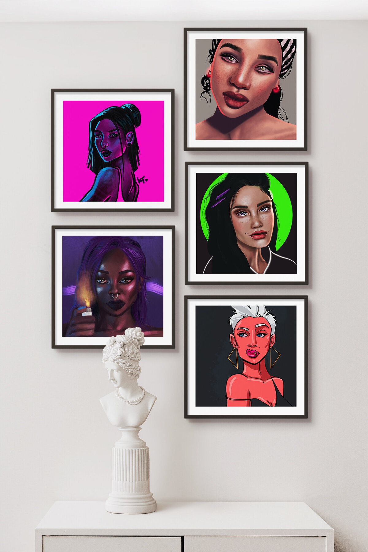Five paintings of bright unique ladies