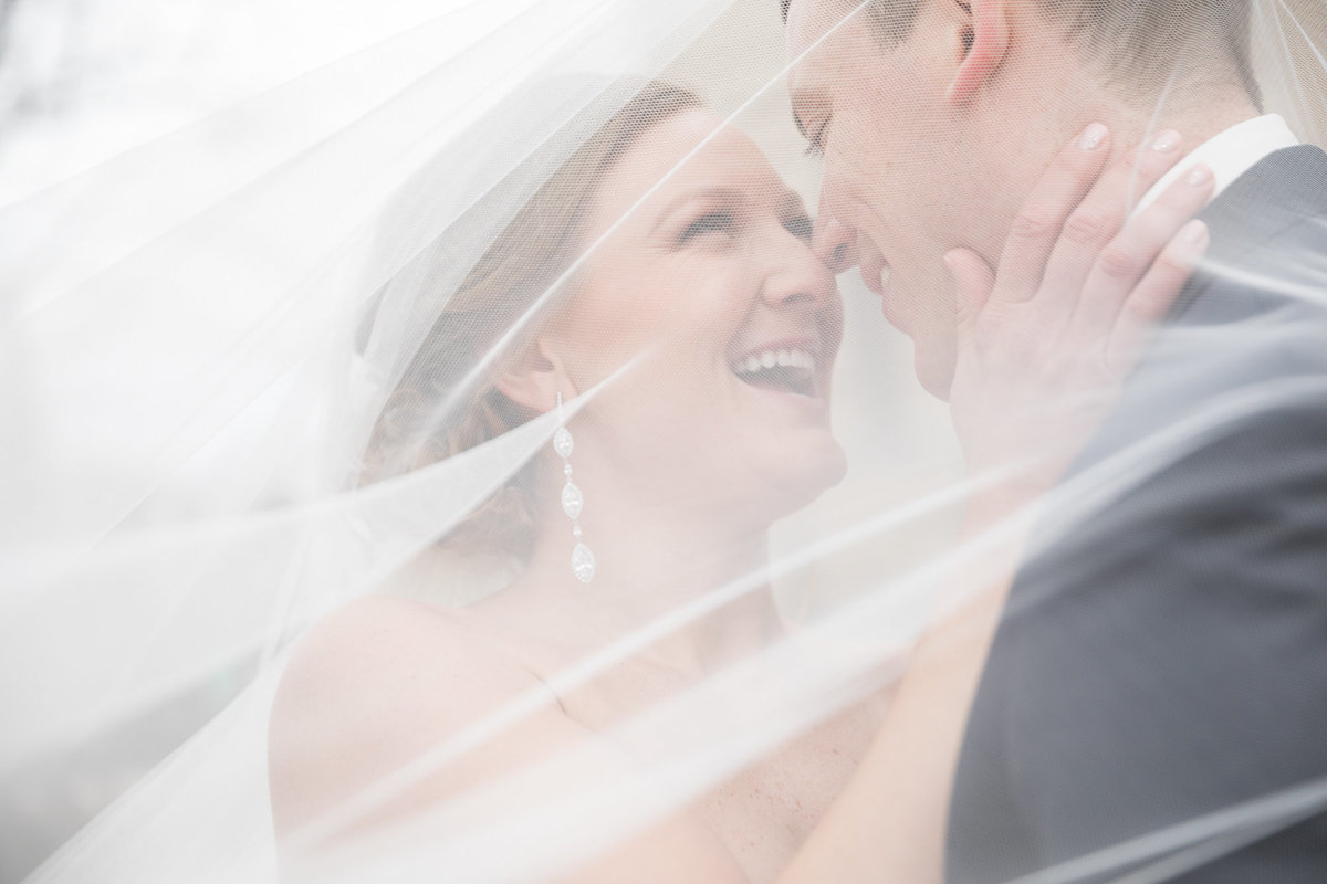 Bride and Groom under a veil on a wedding day