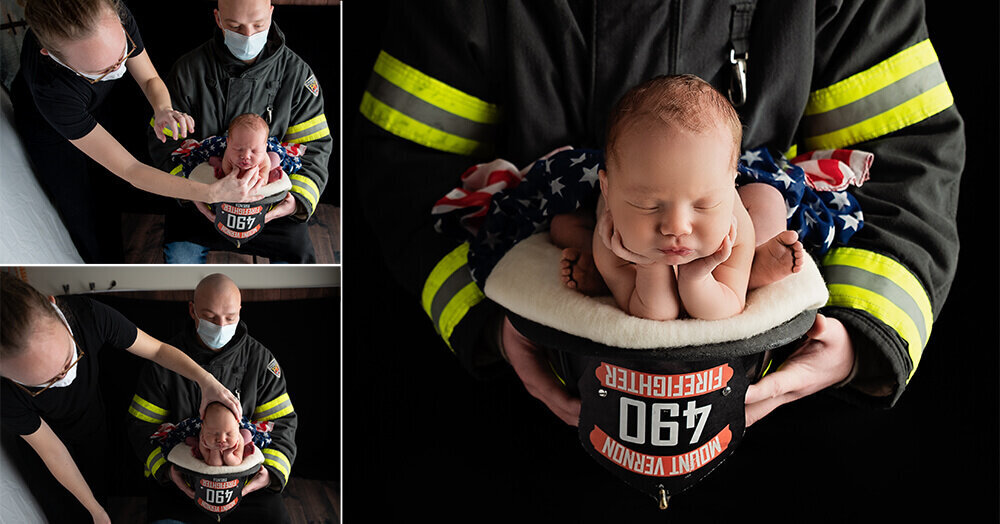 Newborn baby posed with Ohio firefighter.