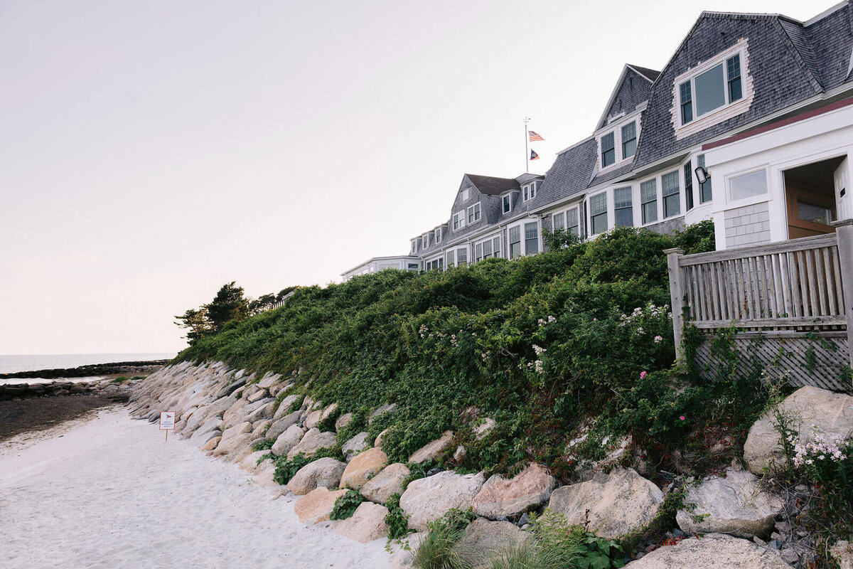 A view of some houses and the ocean at Cape Cod, Osterville, MA.