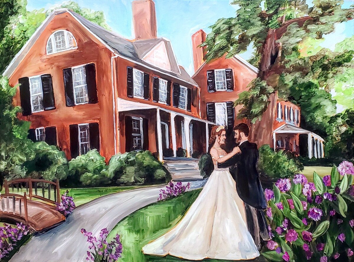 Live wedding painting couple portrait in front of historic mansion