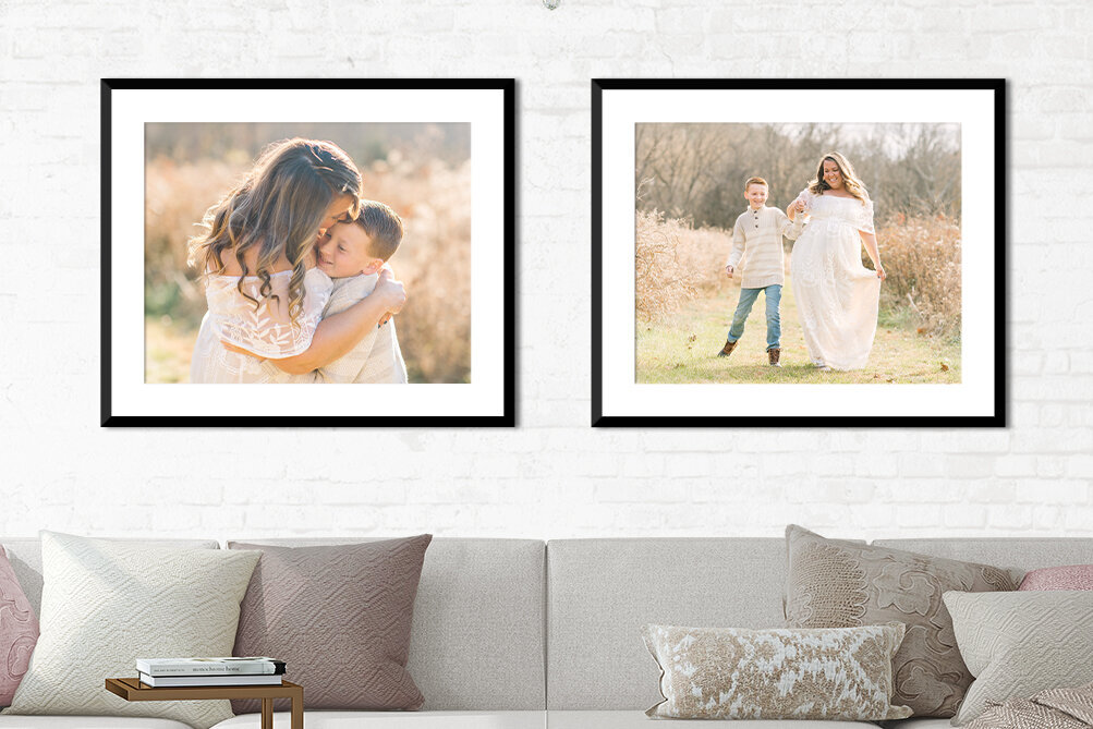 Canvas wall gallery in beige and pink living room captured by Emily Richardson Photography, family photographer in Winston-Salem
