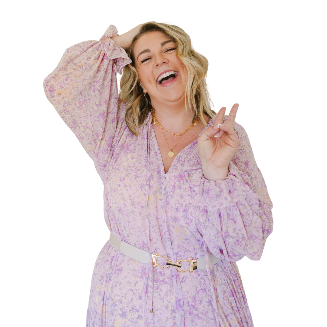 Photo of Mollie Mason in a purple dress doing a peace sign with the background removed