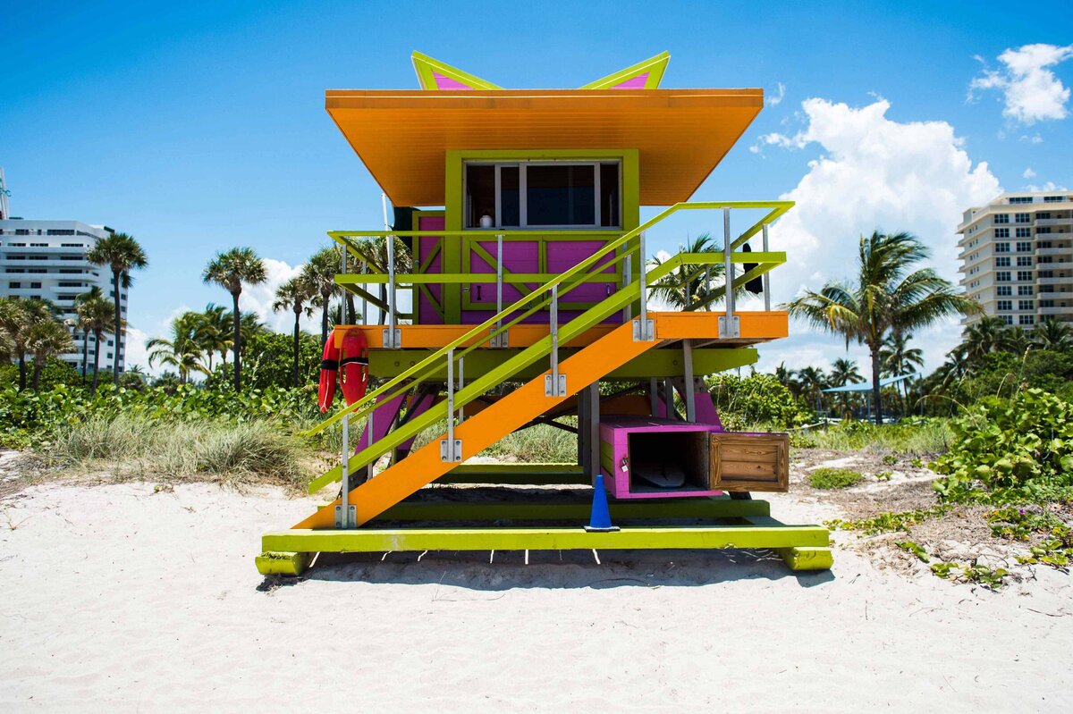 A colorful lifeguard station in Maiami Beach FL outside FontaineBleu Resort
