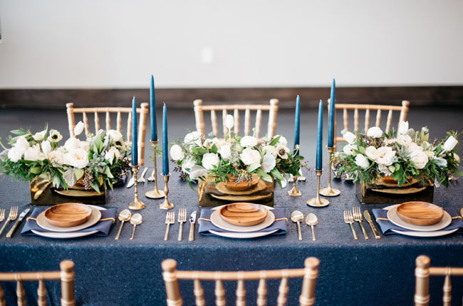 modern white and blue tablescape