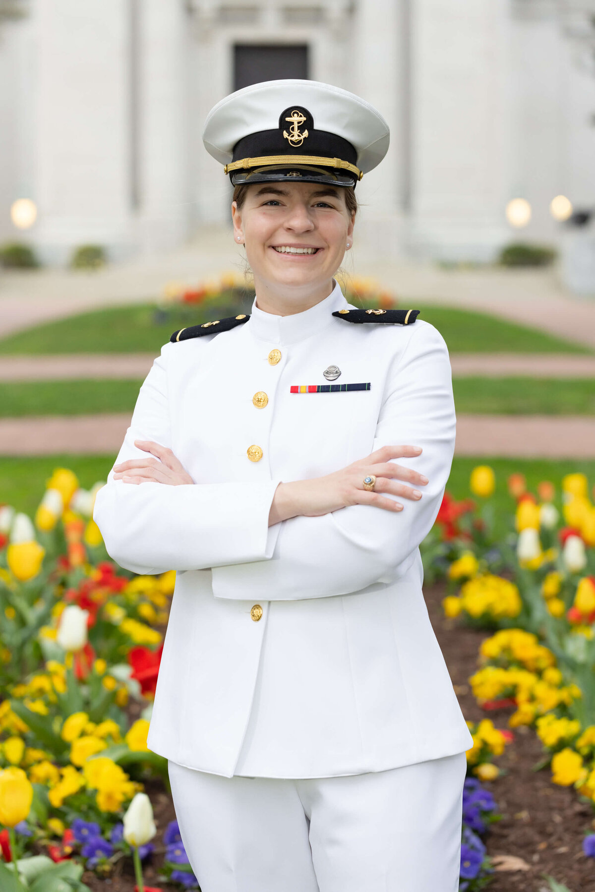 Naval Academy senior portrait with tulips.