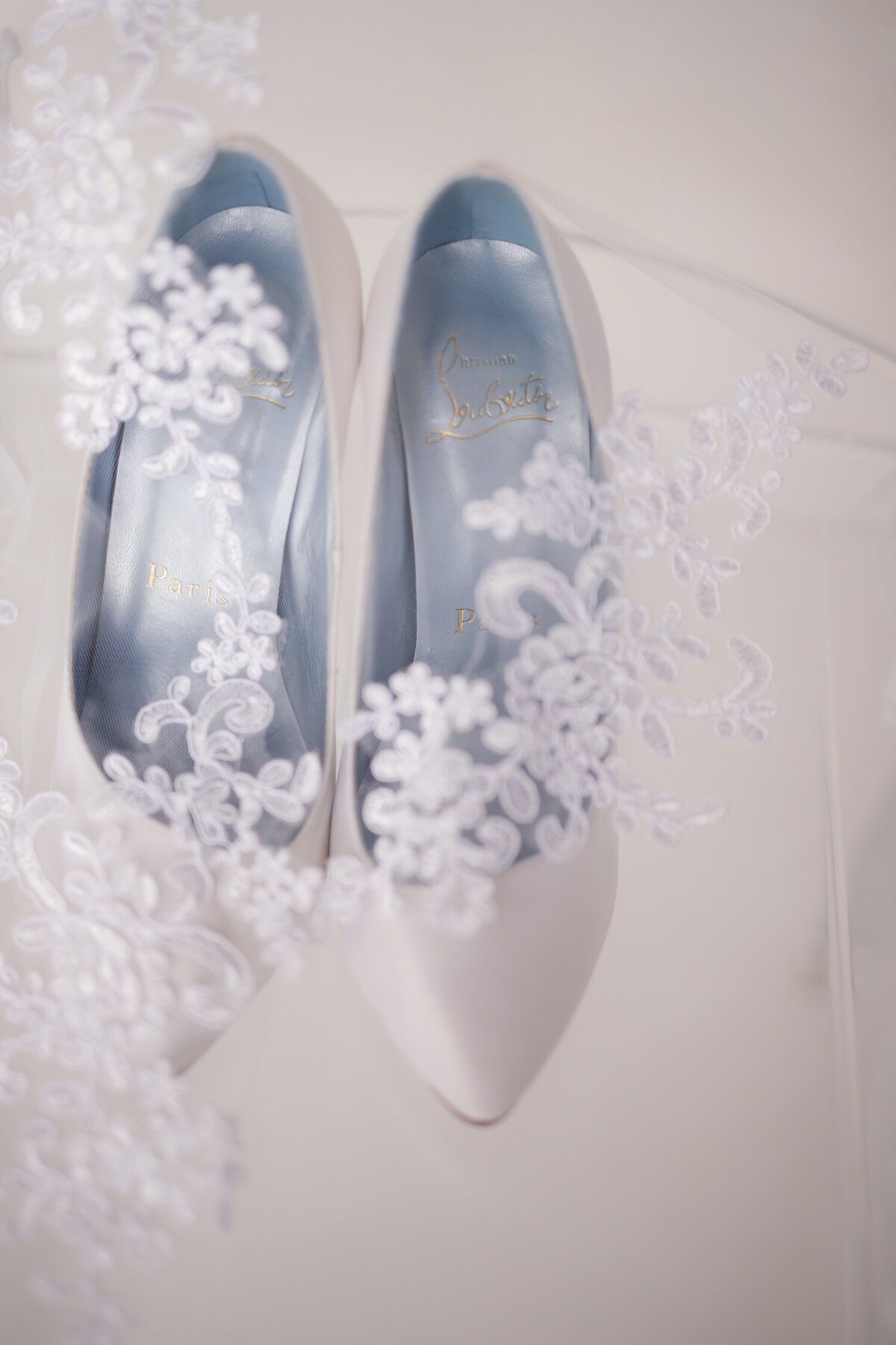 Louboutin Wedding Shoes & French Lace Veil Wedding Detail Shot
