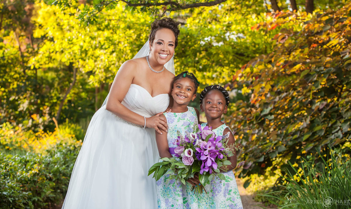 Bride with her flower girls at Denver Botanic Gardens in Colorado