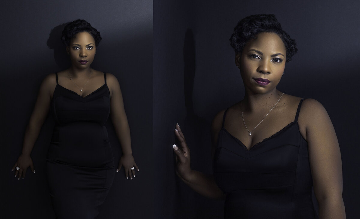 A black African American woman female doctor medical professional Surgeon in a black lace dress poses for a professional headshot on a black backdrop for Janel Lee Photography studios in Cincinnati Ohio
