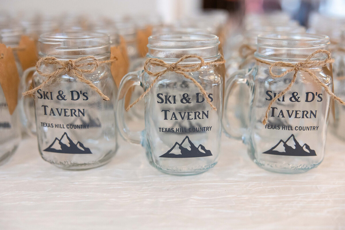customized mason jar mugs at Hayes Hollow at Hidden Falls wedding in Spring Branch Texas