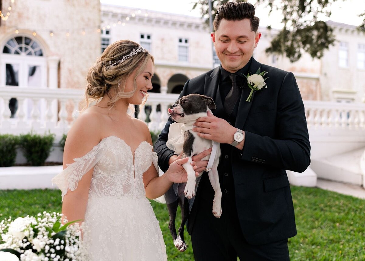 Bride and Groom with dog at Bella Cosa, Lake Wales, Florida