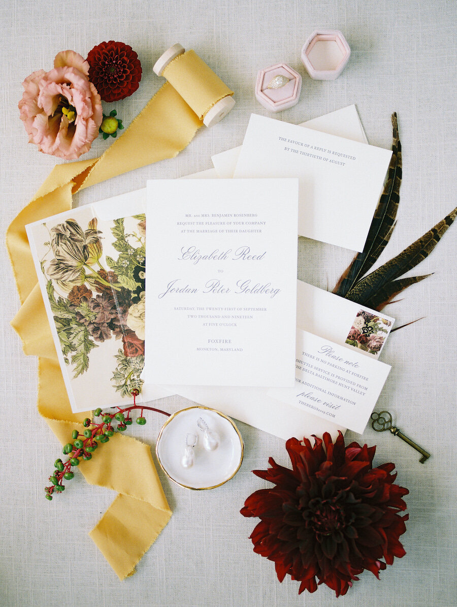 Classic Wedding Invitations with Floral Liner Robert Aveau for © Bonnie Sen Photography