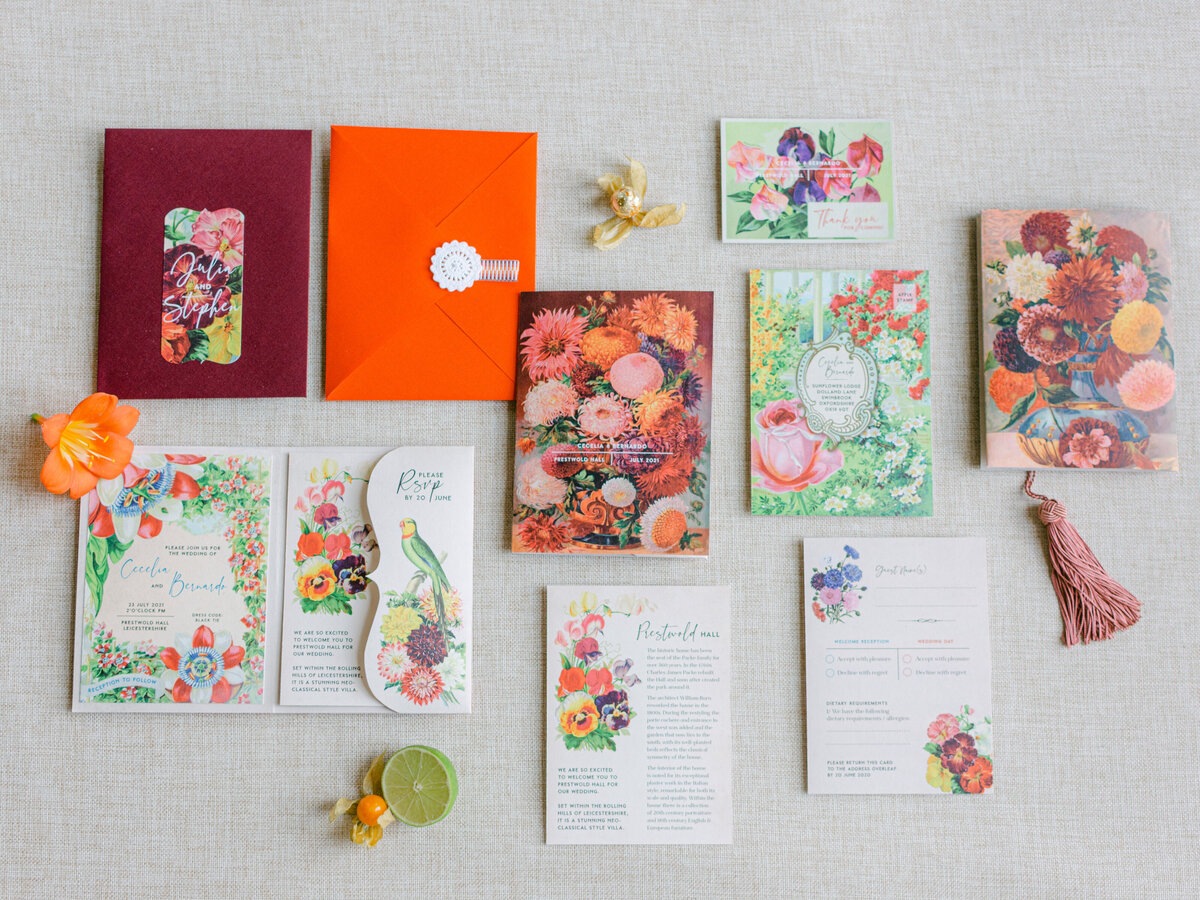 Wedding stationery incorporating bold colours and beautiful florals