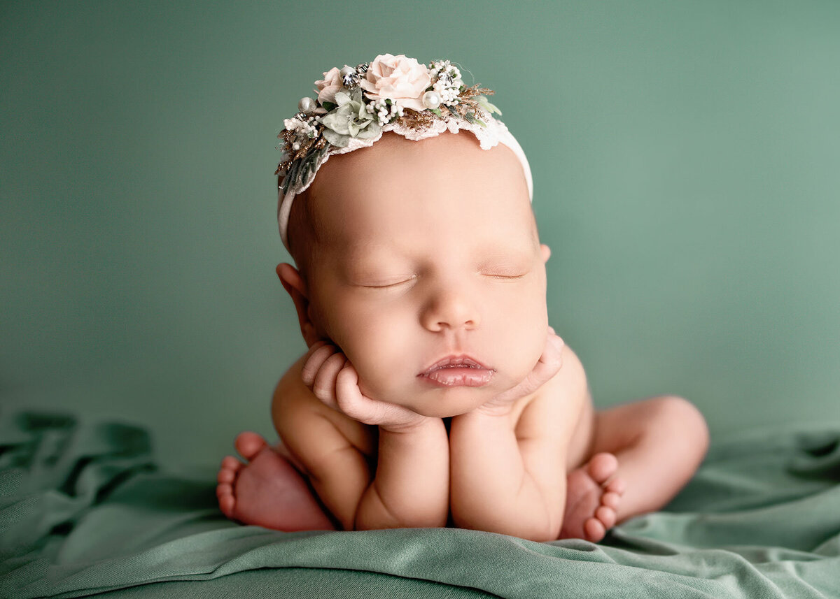 Bucks-County-Newborn-Photographer-baby-in-froggy-pose-on-green-background