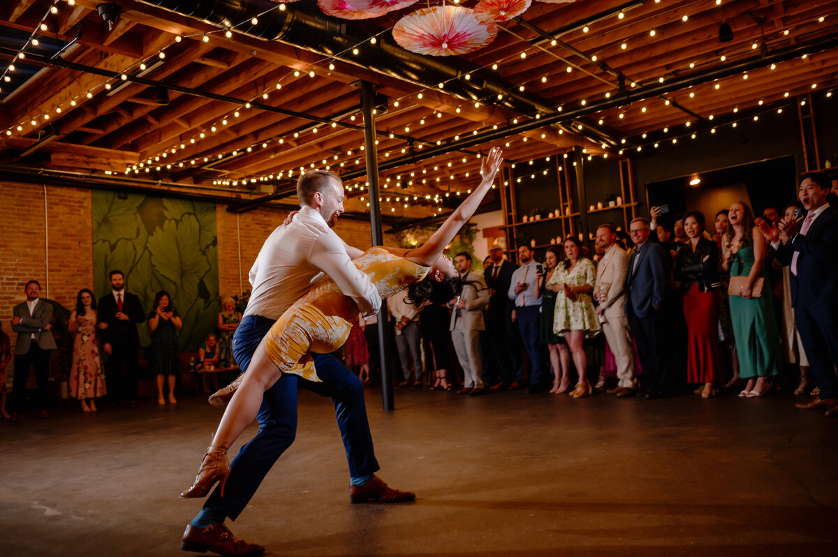 Bride and groom dance at The Arbory  in Chicago, IL