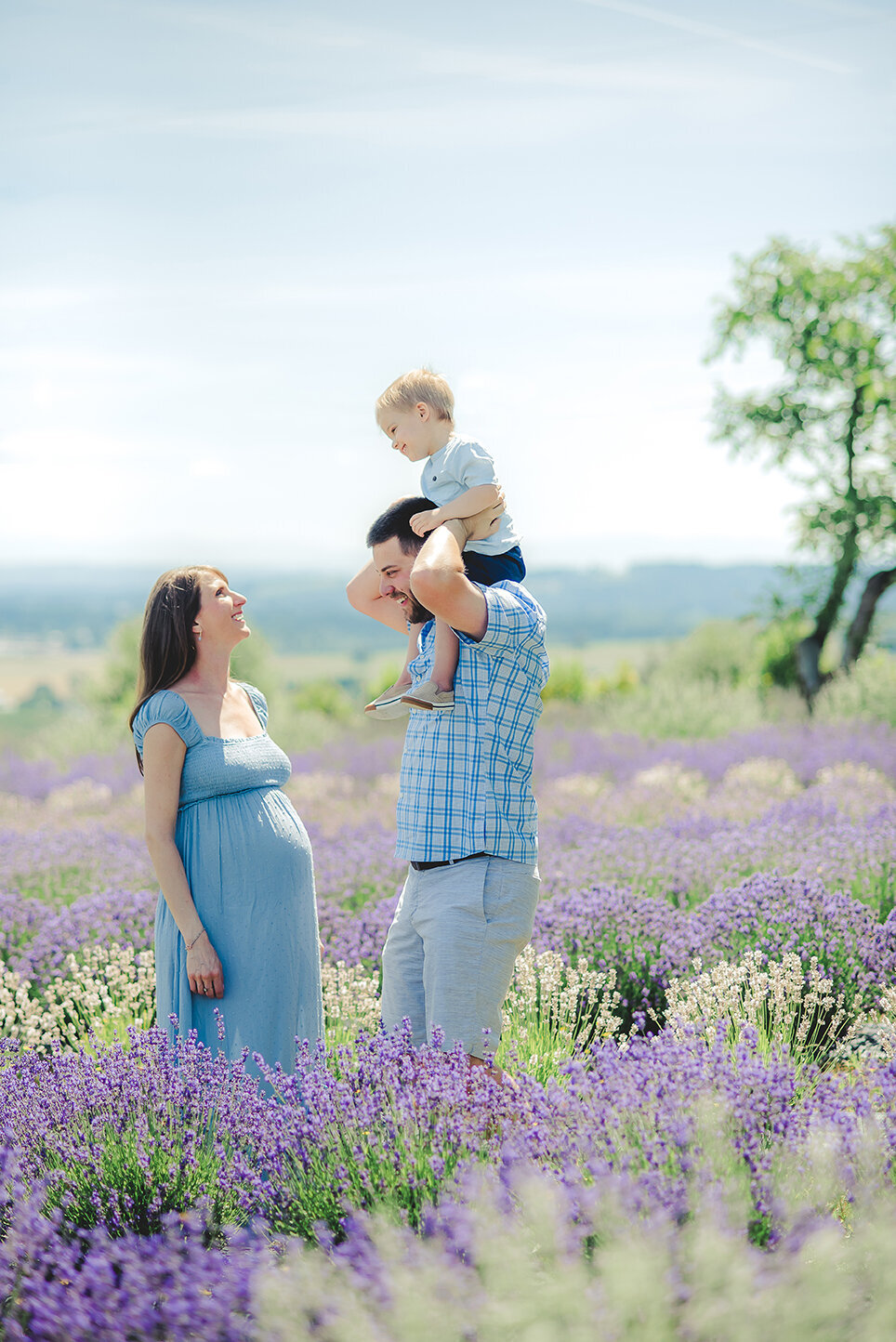 family of three in lavender