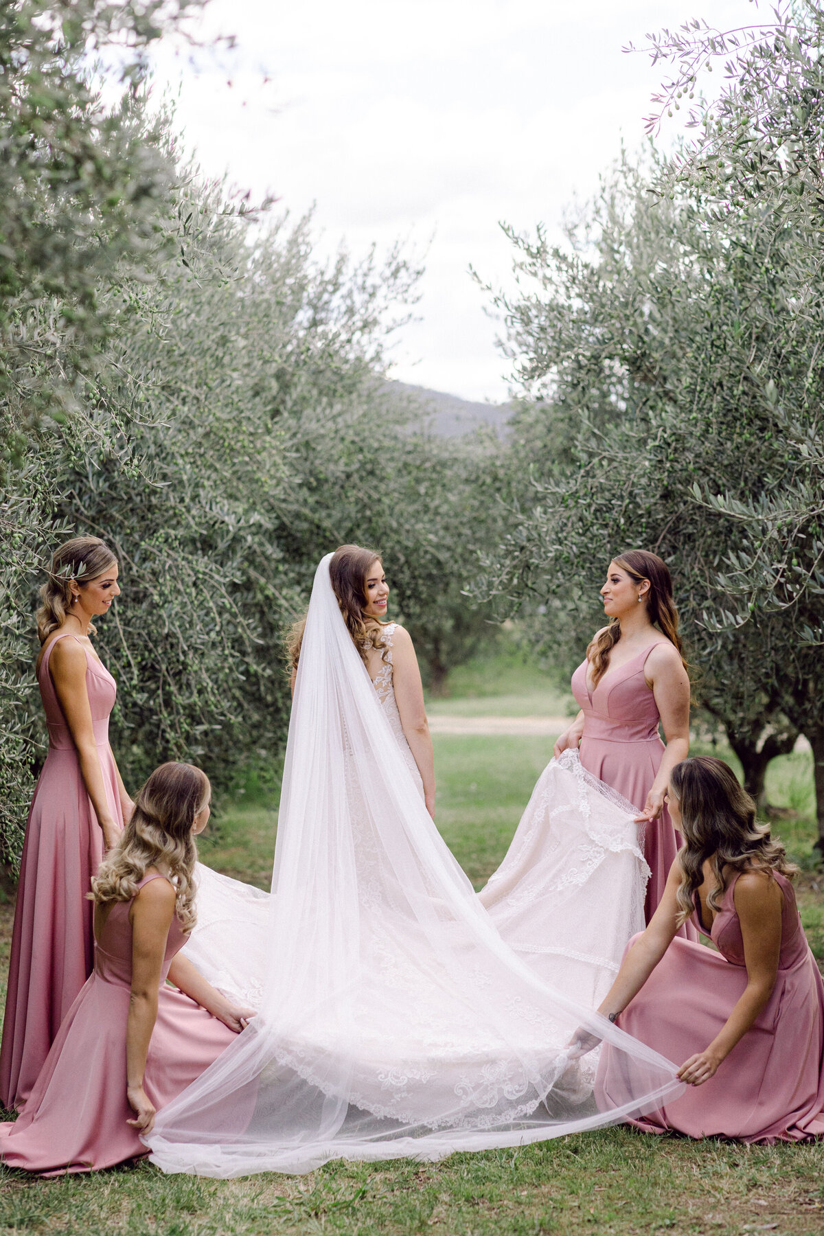 Bride and Bridesmaids in Blush Pink Gowns