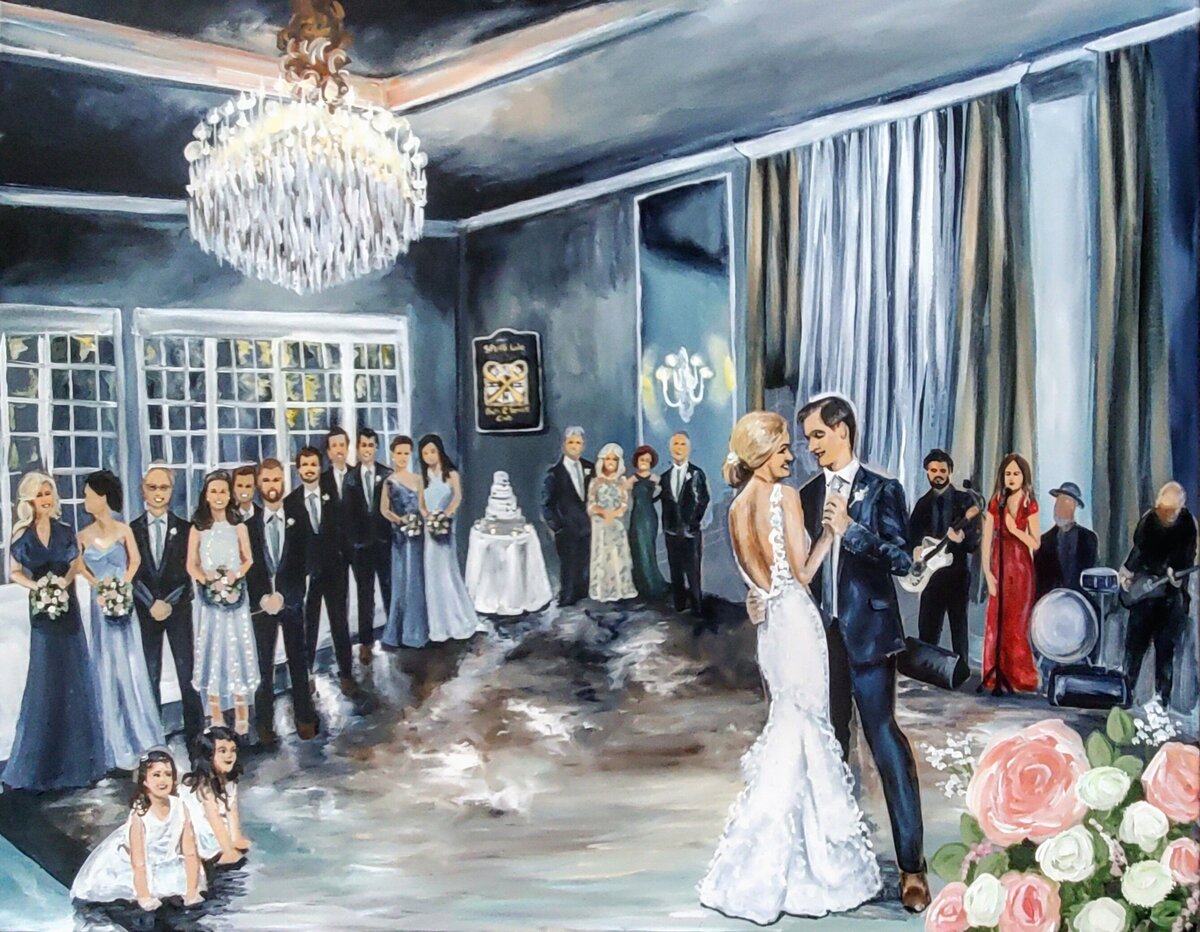 Classic live wedding painting in Spring Lake, New Jersey. Couple share their first dance in front of family and the band.