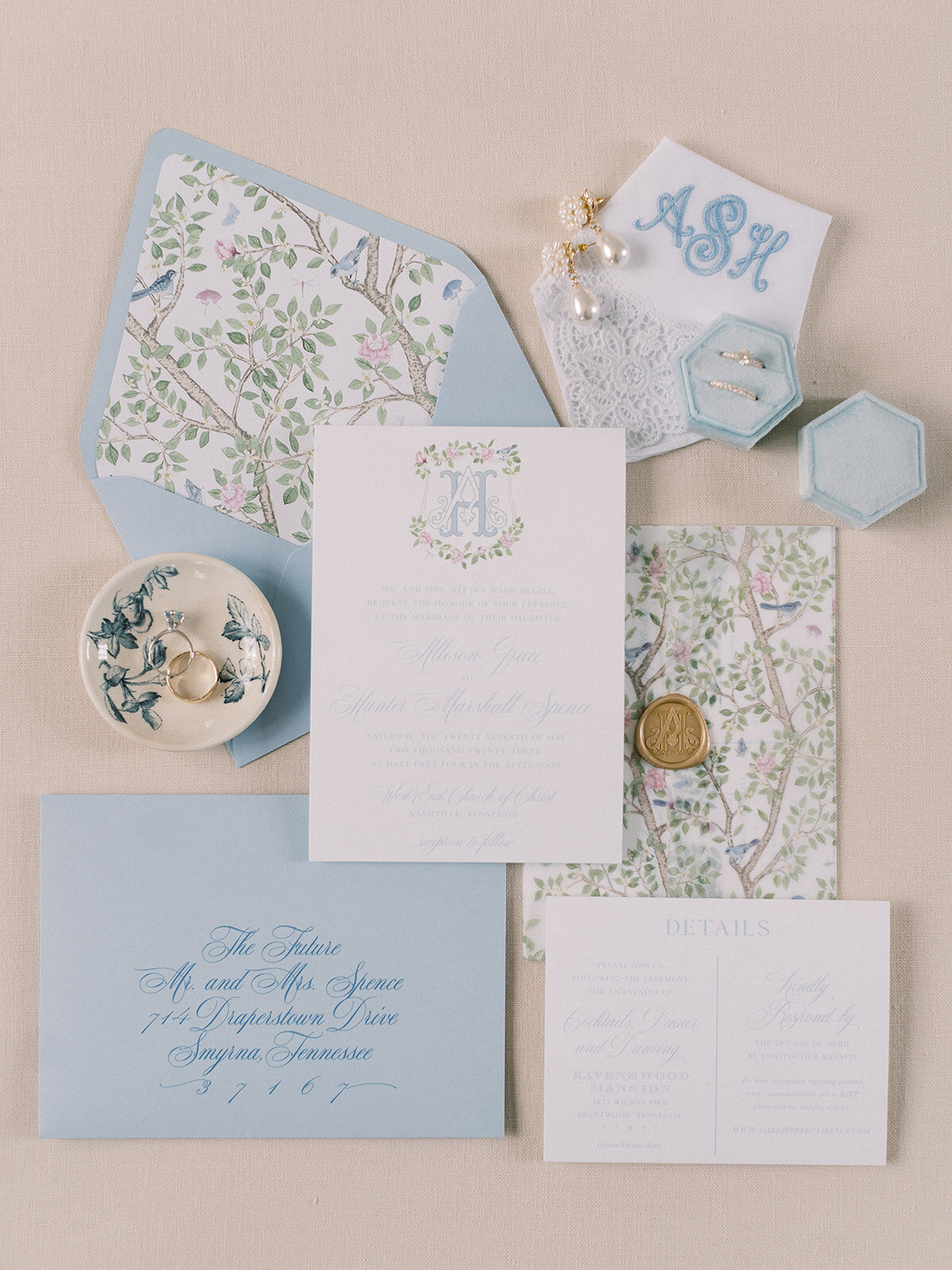 Floral pattern wedding invitations blue and pink