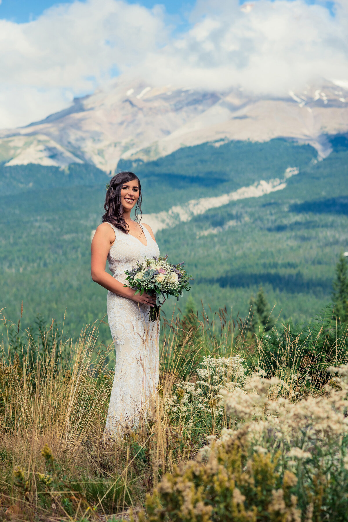 bride in front of mountain