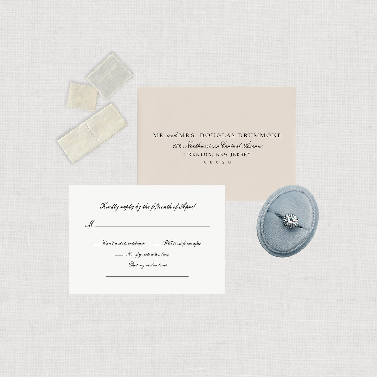 Vintage 1940 wedding invitation suite with rsvp card with rsvp card envelope.