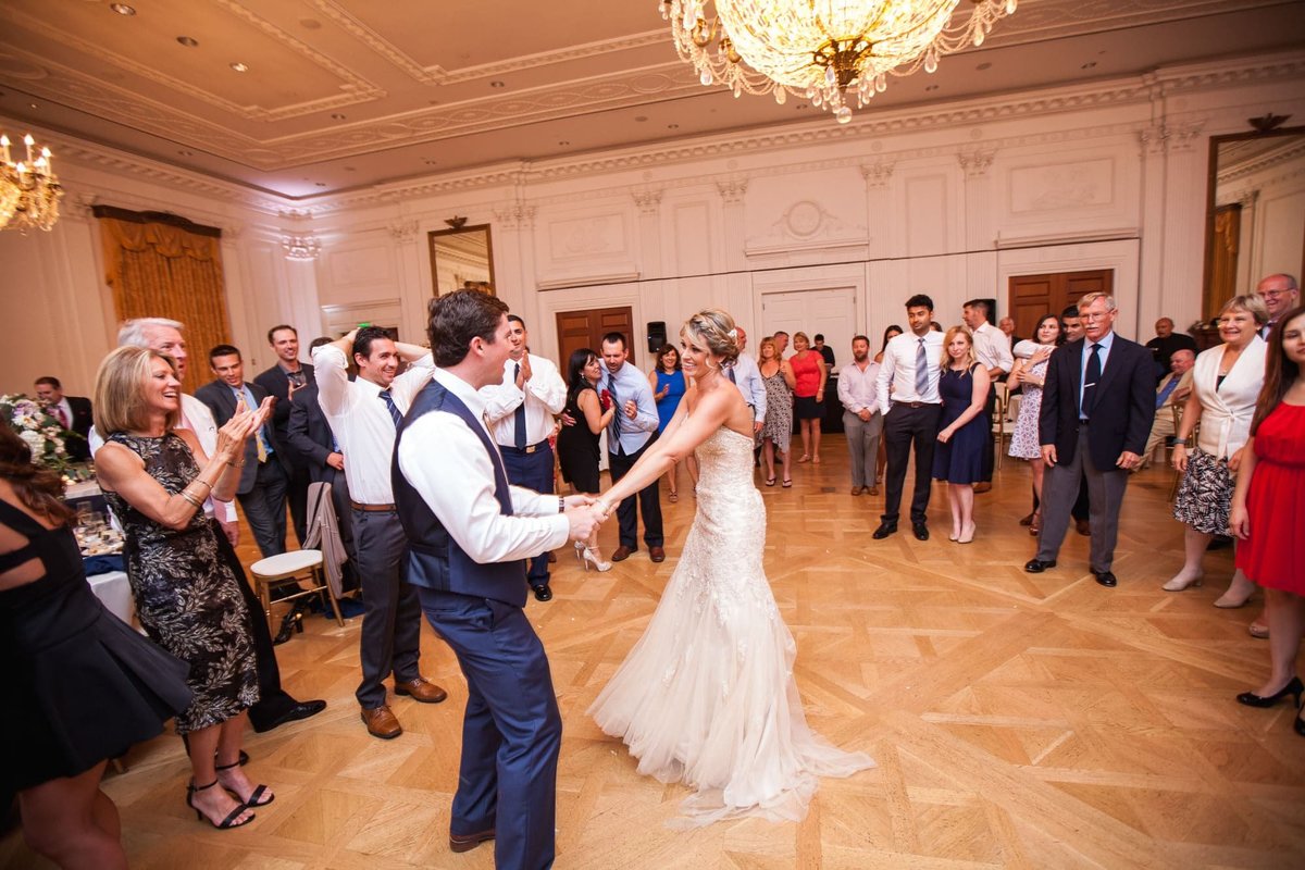 Guests surround Bride and Groom on the dance floor