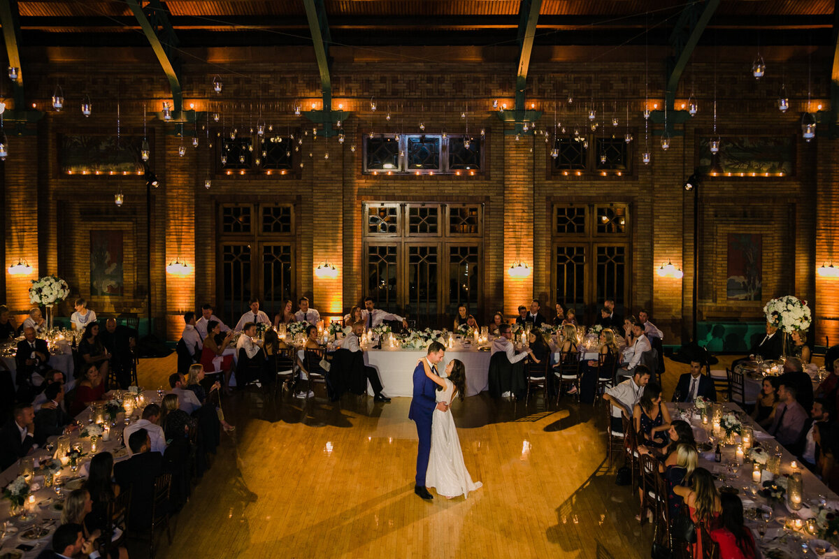 A first dance photo captured from the balcony of Cafe Brauer