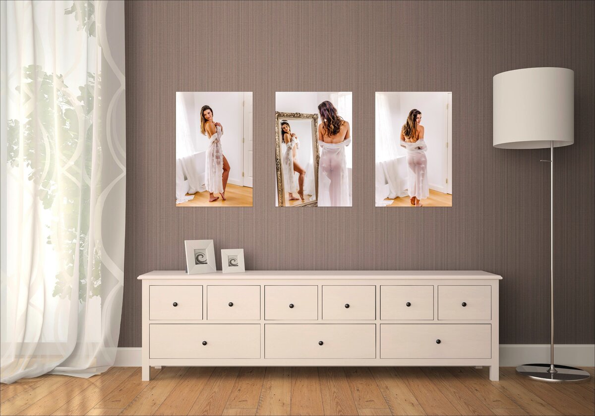 Series of 3 metal wall art of a woman in a robe displayed on a wall