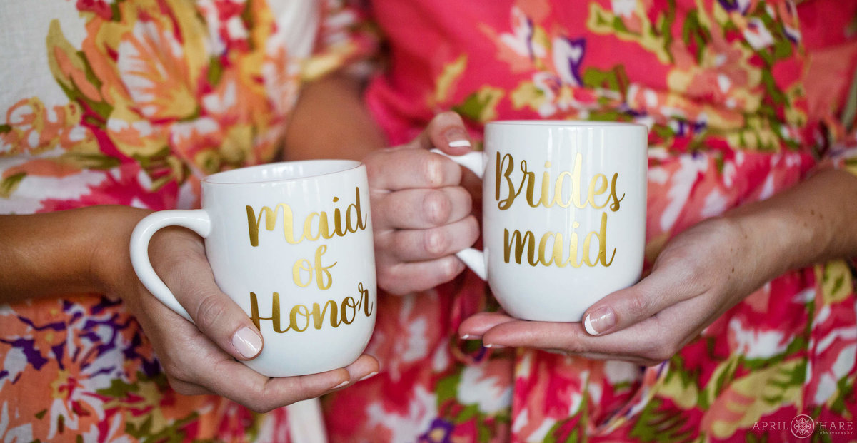 Steamboat Springs Wedding Photographer custom printed coffee mugs with floral bridesmaid robes