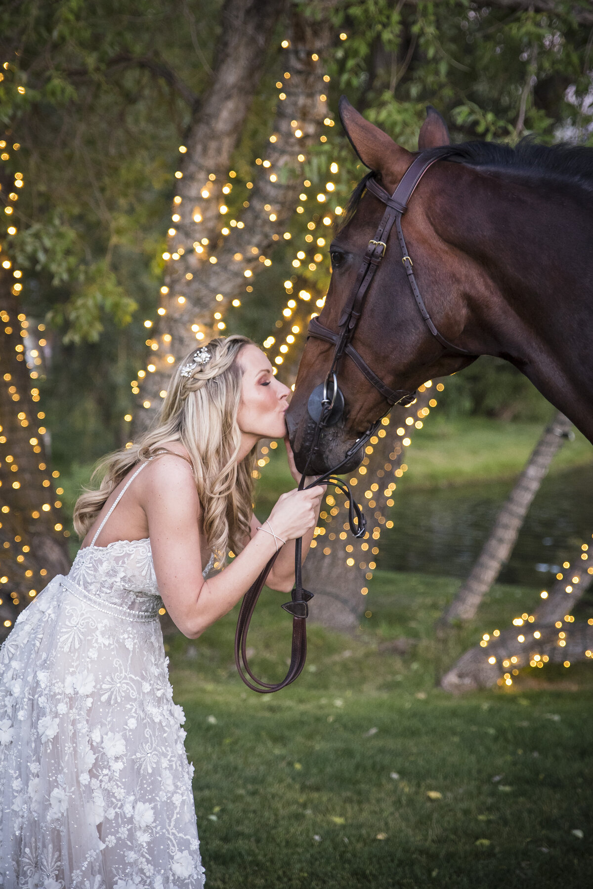 Bride kisses a horse with twinkle lights in the background, captured by Colorado wedding photographer, Casey Van Horn.