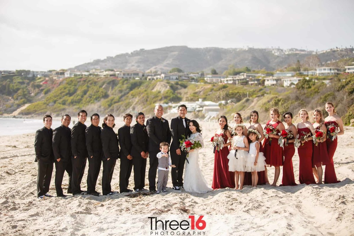 Bride and Groom pose with the entire wedding party on the beach