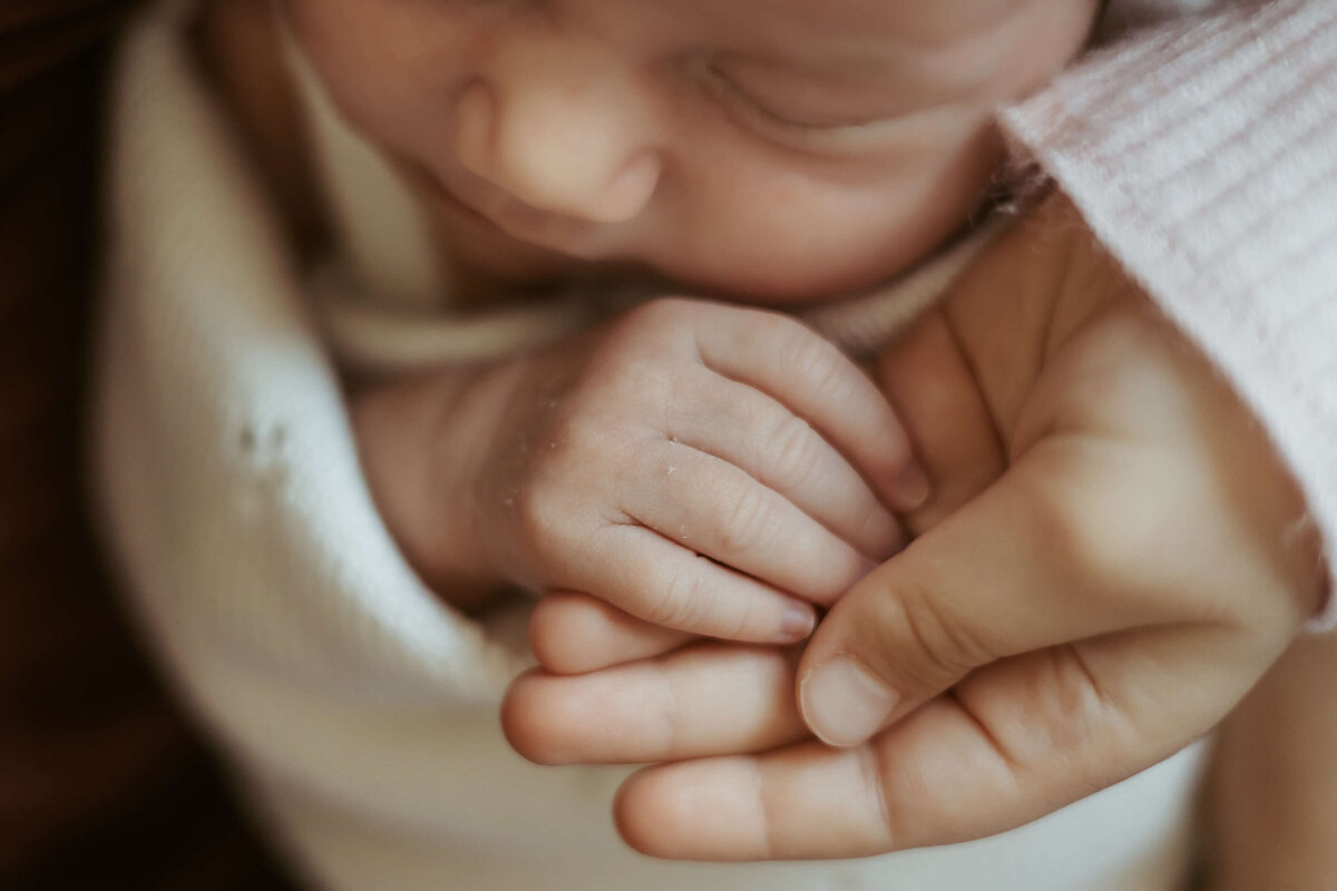 Newborn baby's tiny hand in her big sister's hand.