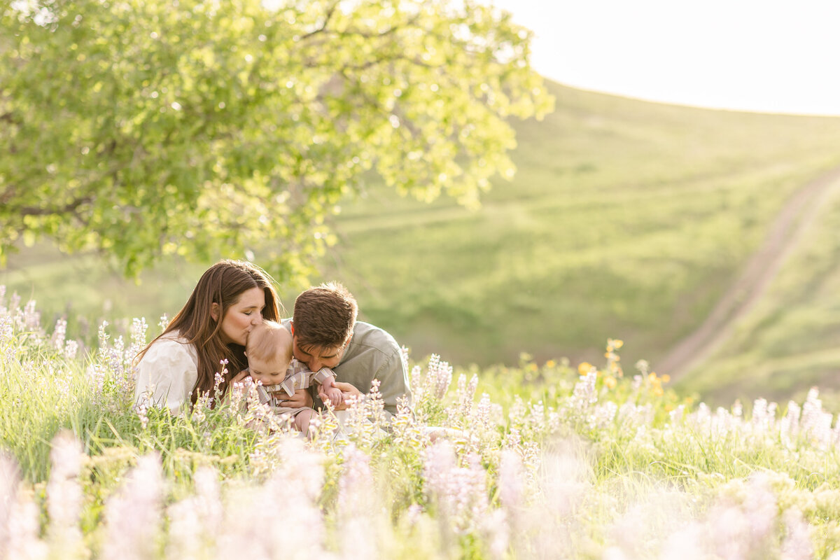 parents kissing their baby while sitting in a field
