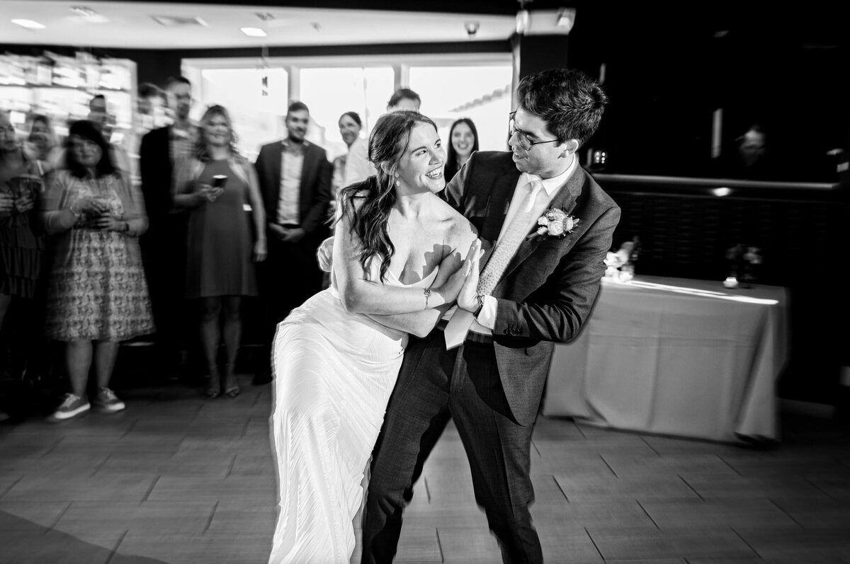 Bride and groom, enjoying their first dance at their wedding reception at the Icona Windrift hotel in Avalon, New Jersey