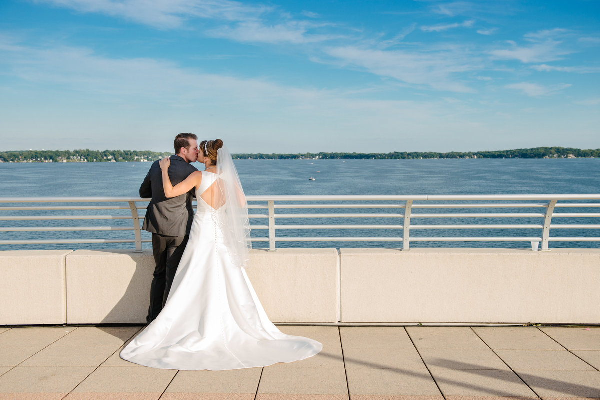 Bride and Groom kissing at Monona Terrace