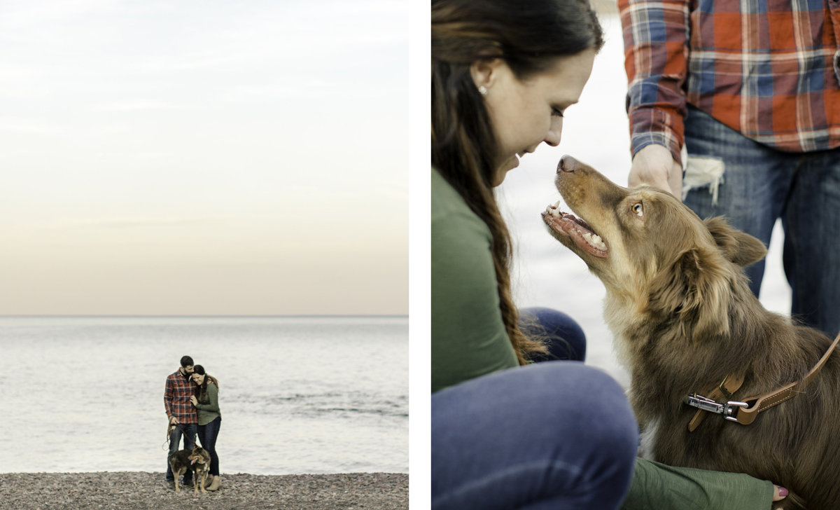 two images of engaged couple on the pebble beach looking out at sunset over lake superior and of girl giving kisses to her dog