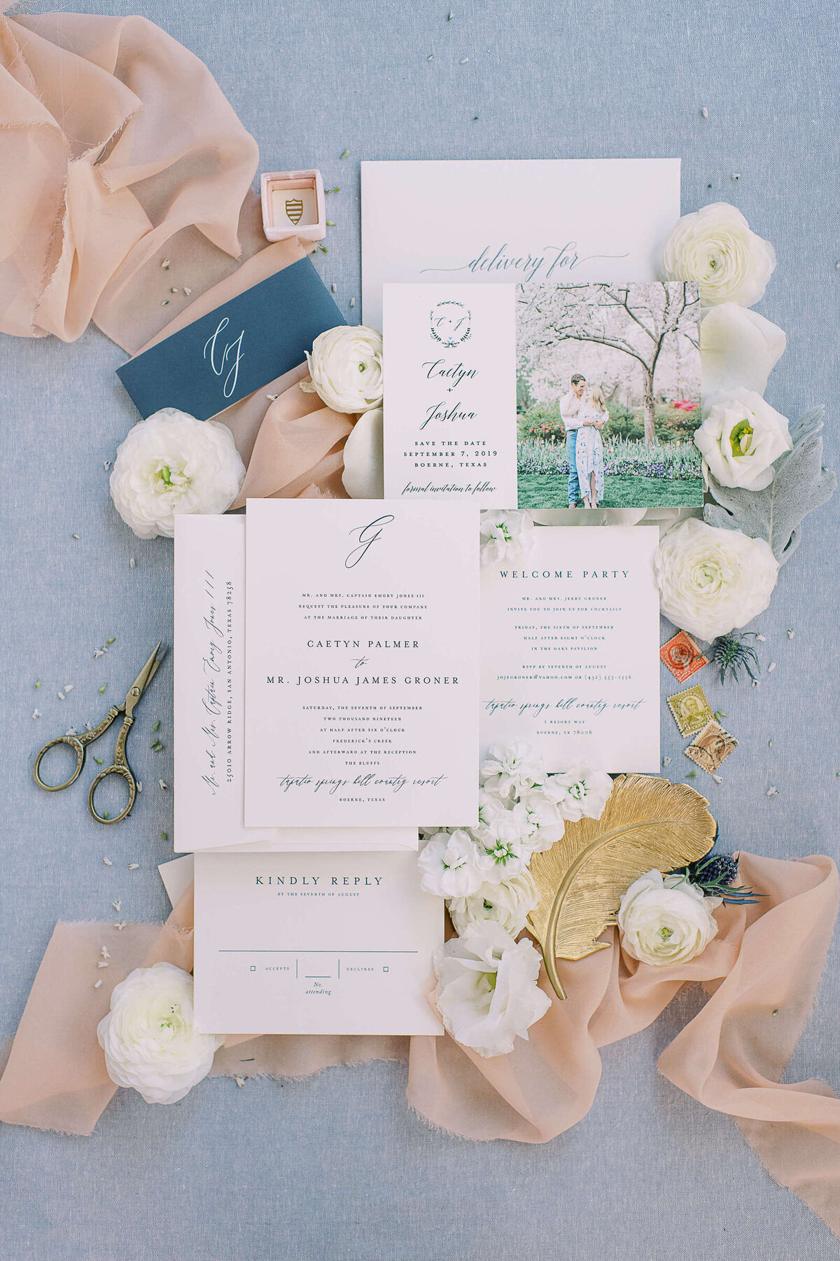 Blue, blush, and cream wedding invitation suite for Tapatio Springs Hill Country Resort wedding