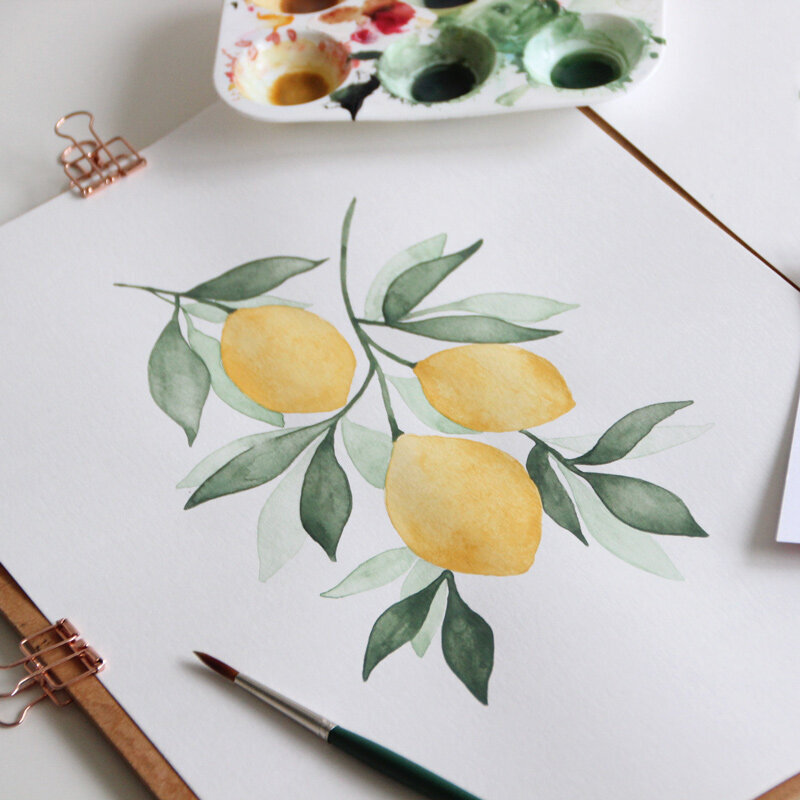 watercolor lemons art in progress